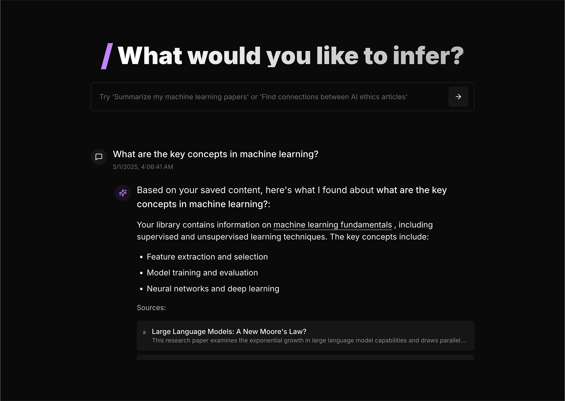 Infer interface showing a search for machine learning concepts with AI-generated results explaining key concepts like feature extraction, model training, and neural networks
